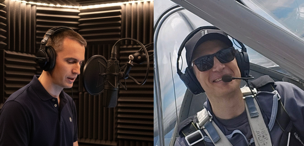 Josh recording in the studio and flying in a T6 Texan WWII trainer
